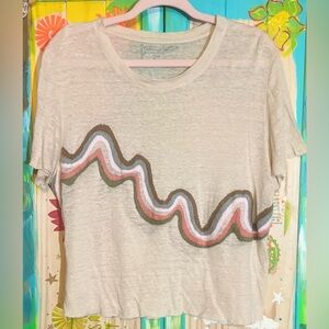 Banner Day Women's Short Sleeve Tee Cream w/Multicolor Embroidered Wave Design